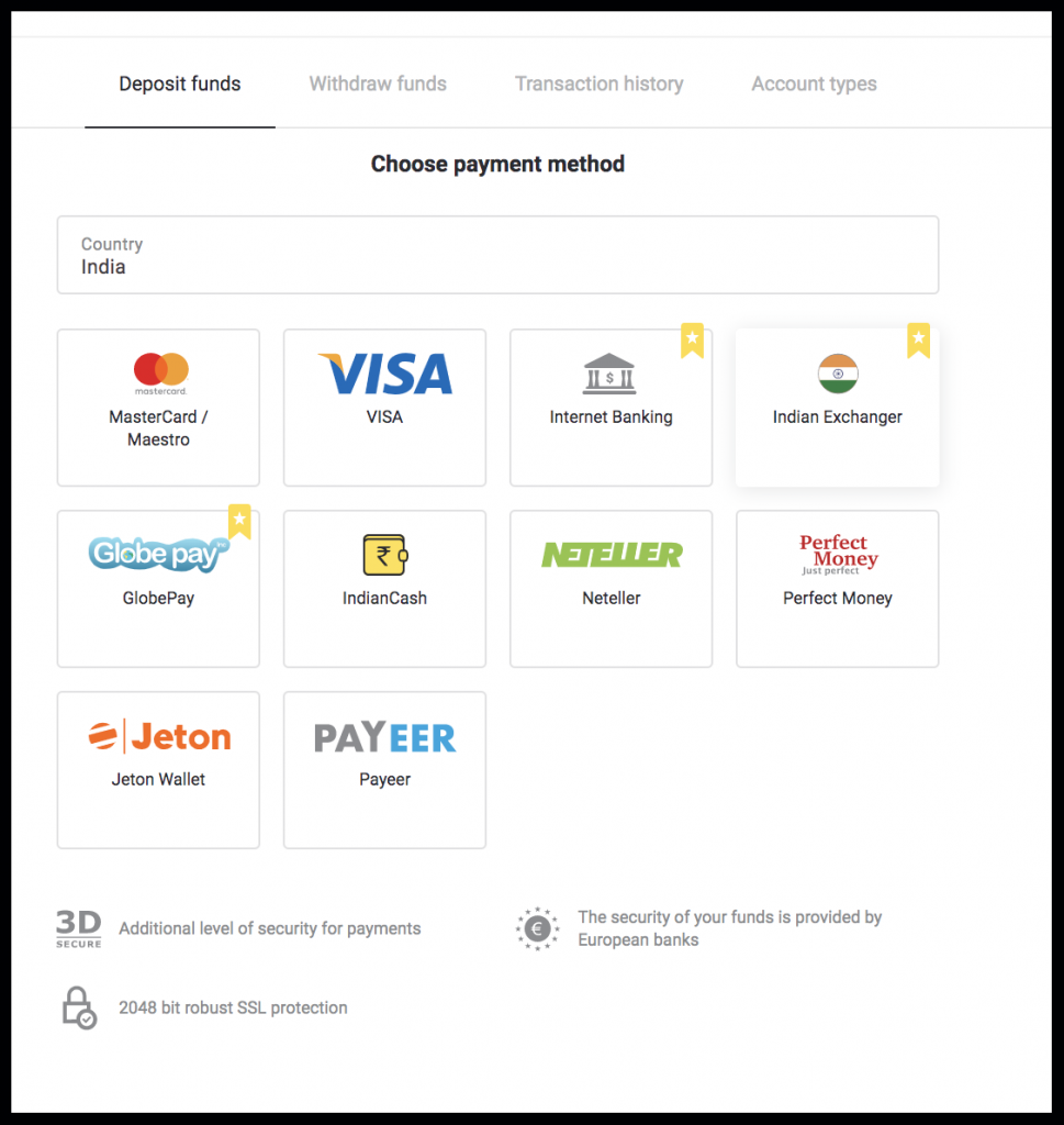 Binomo updagrade account type payments method