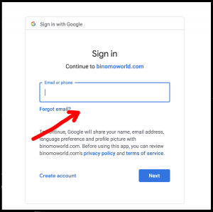 Binomo gmail account authorization with email