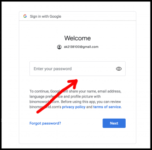 Binomo gmail account authorization with password