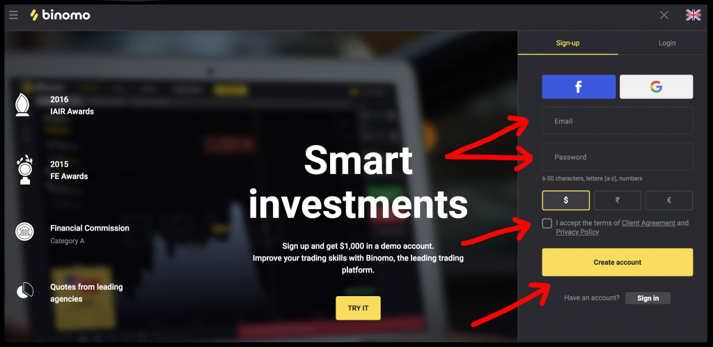 Registration / open account on Binomo with email Registration / open account on Binomo with email