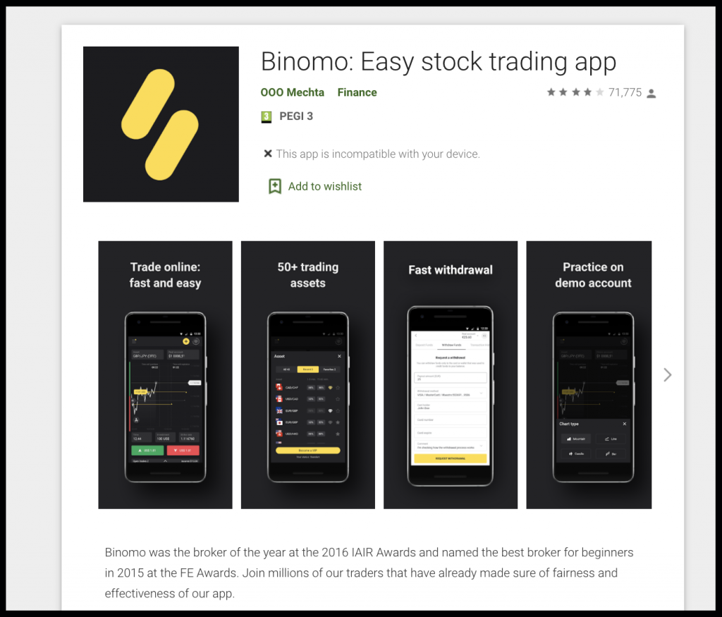 Registration account on the Binomo Android mobile platform