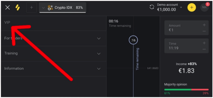 Binomo vip account menu