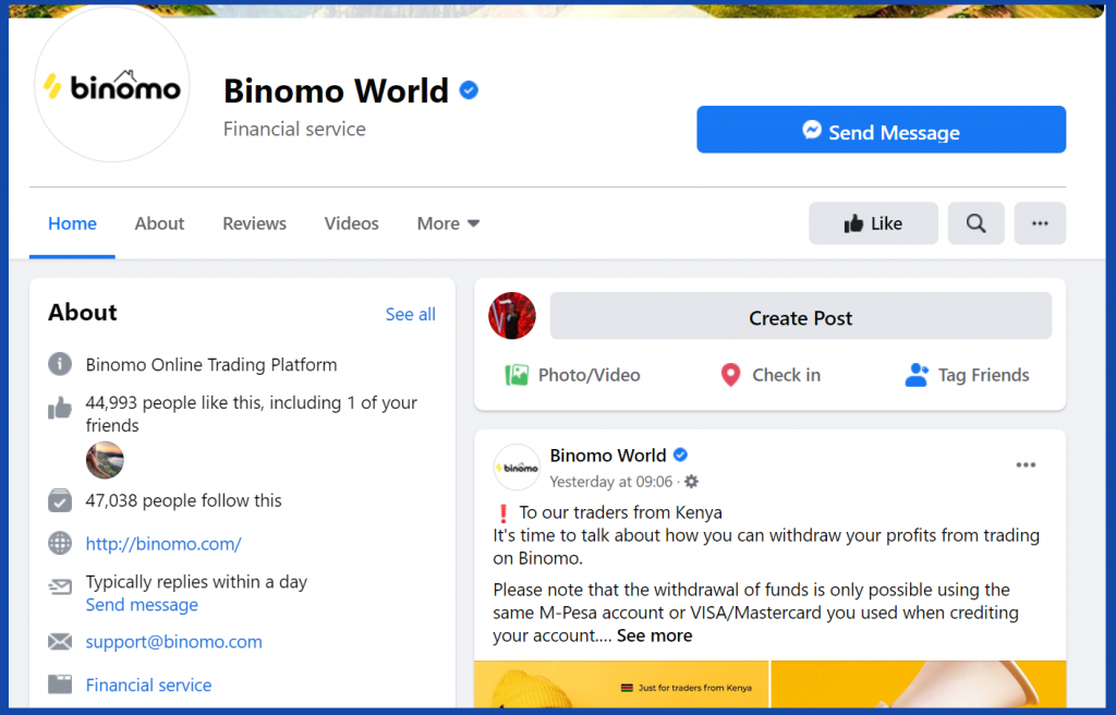 Binomo contact by Facebook