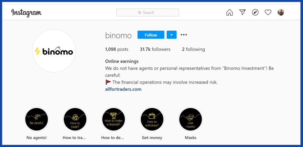 Binomo contact by instagram