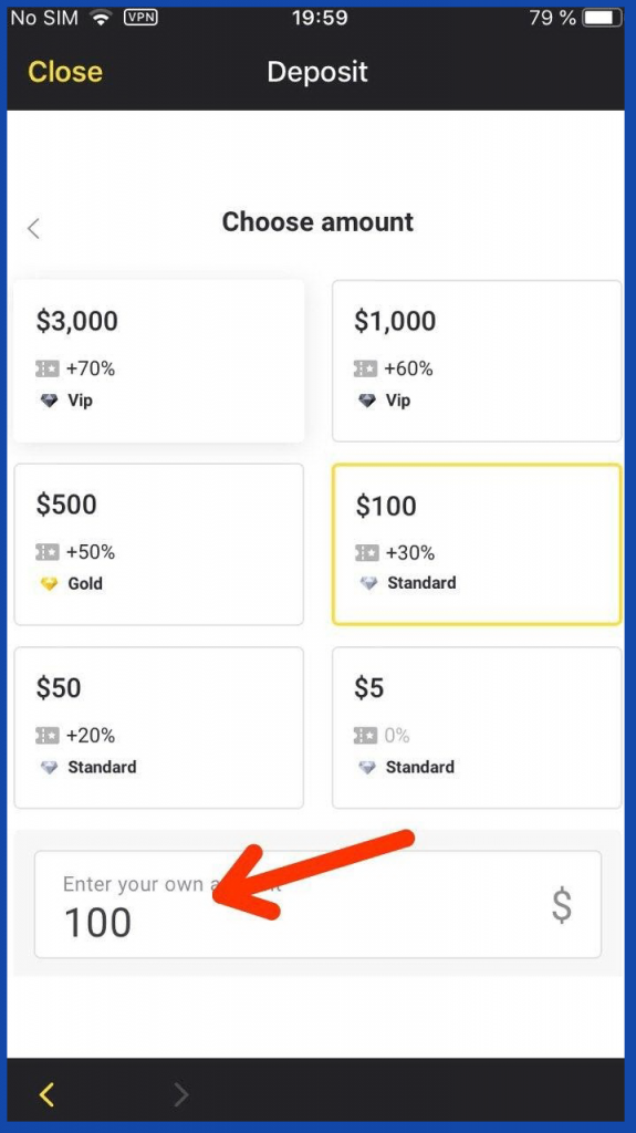 Binomo iOS mobile app select deposit amount