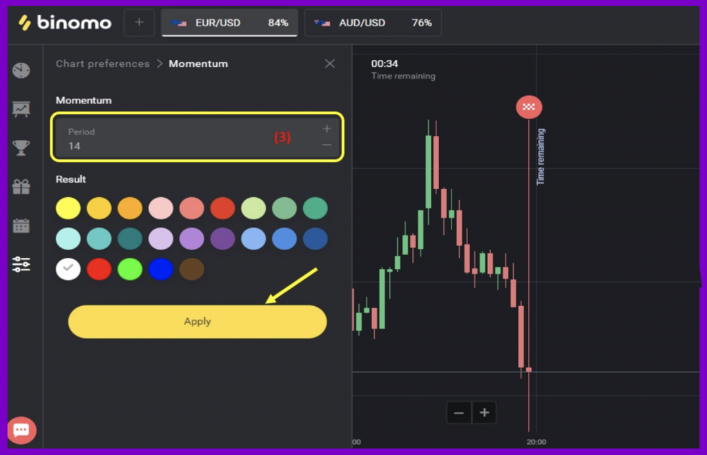 How to set up the Momentum indicator in Binomo - Number of candles